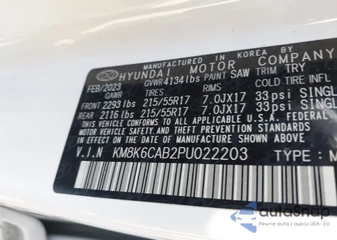 2023 Hyundai Kona Sel z USA, uszkodzony, nr VIN KM8K6CAB2PU022203